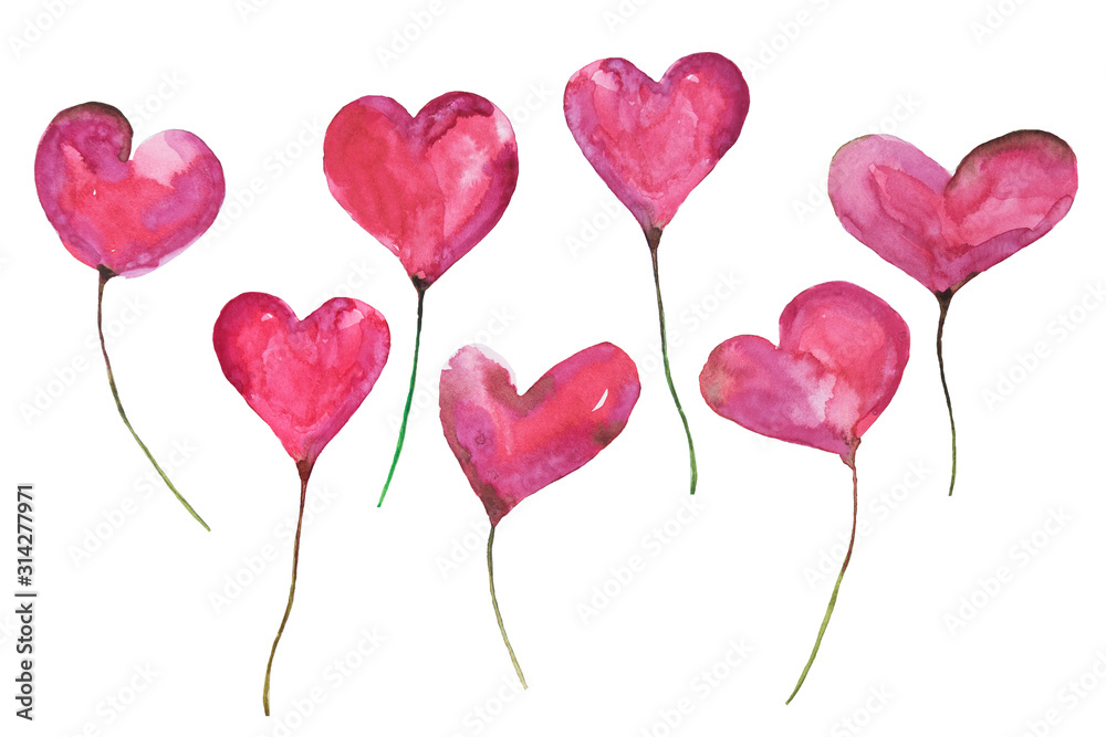 Valentine's Day watercolor hand painted pink and yellow set hearts.