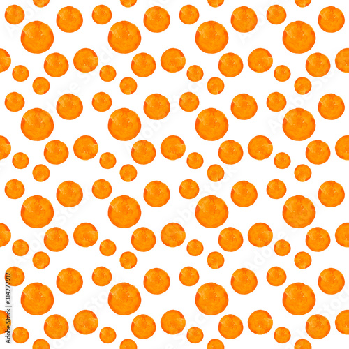 Watercolor round stains dots pattern. Seamless pattern with orange dots on white background. Hand drawn abstract wallpaper