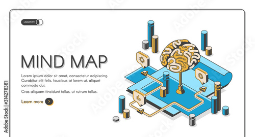 Mind map isometric landing page, human brain and graphical way to represent ideas and concepts, visual thinking tool that help structuring information, 3d vector illustration, line art web banner