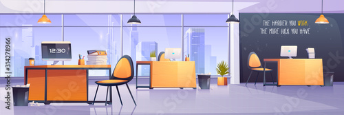 Modern office interior. Business workplace, open space room for coworking. Vector cartoon illustration of empty cabinet with office furniture, computers and city landscape behind a window