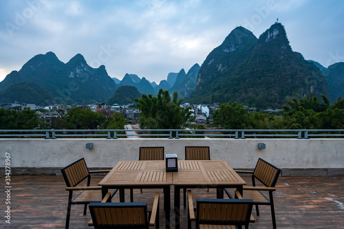 The landscape view of Yangshuo from a balcony 