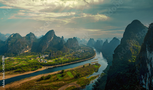The mountains and river landscape in Guilin, China in winter.