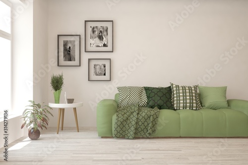 Stylish room in white color with sofa. Scandinavian interior design. 3D illustration