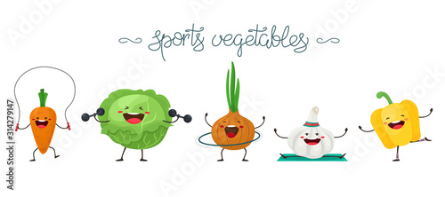Cute cartoon vegetables go in for sports. Vector isolates in cartoon flat style on a white background.