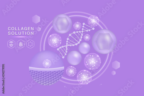 Hyaluronic acid skin solutions ad, purple collagen serum drop with cosmetic advertising background ready to use, illustration vector.  © Bravekanyawee