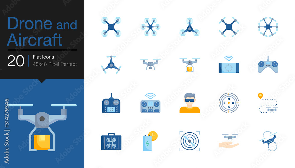 Drone, Aircraft and Aerial icons. Flat icon design. For presentation, graphic design, mobile application, web design, infographics, UI. Drone, Aircraft and Aerial icons. Flat icon design. For presentation, graphic design, mobile application, web design, infographics, UI.