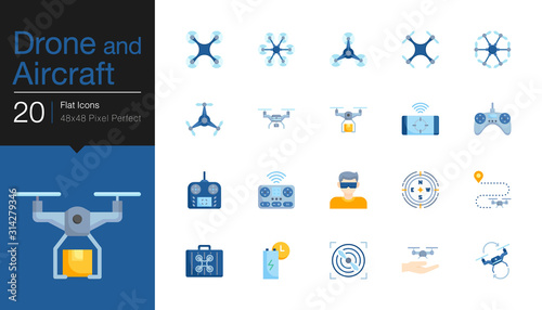 Drone, Aircraft and Aerial icons. Flat icon design. For presentation, graphic design, mobile application, web design, infographics, UI.
