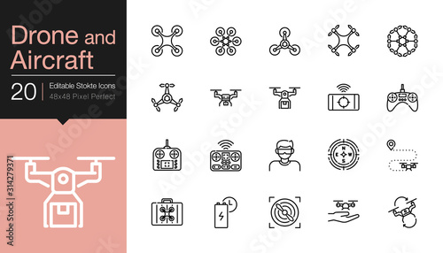 Drone, Aircraft and Aerial icons. Modern line design. For presentation, graphic design, mobile application, web design, infographics, UI. Editable Stroke.