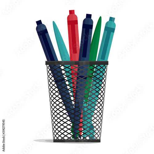 Pen in a holder basket, office organizer box