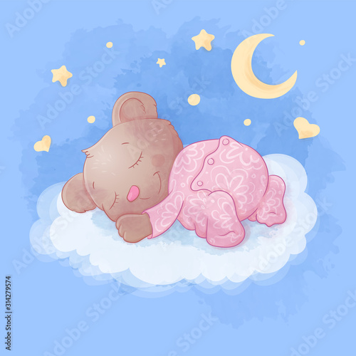 Obraz na płótnie Słodki miś kreskówka śpi na chmurze, akwarela wektor