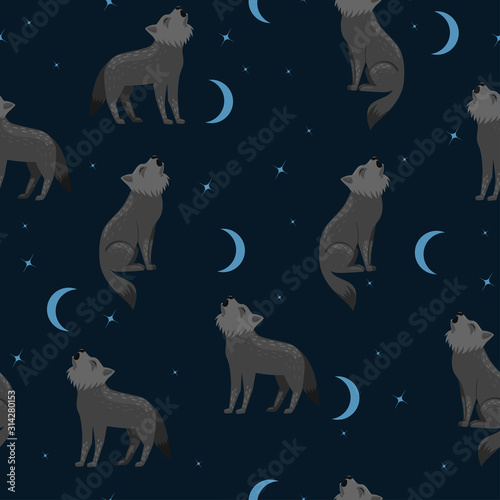 Seamless pattern with wolves howling at the moon. Vector graphics.
