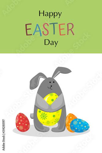 Cute easter bunny holds bright painted egg on white background. Happy easter day. Holiday card