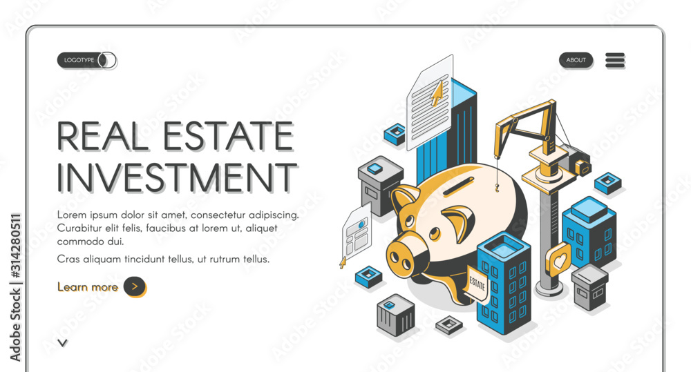 Real estate investment isometric landing page, huge piggy bank surrounded with skyscrapers and building crane, invest fund increase money finance business. 3d vector illustration, line art web banner Real estate investment isometric landing page, huge piggy bank surrounded with skyscrapers and building crane, invest fund increase money finance business. 3d vector illustration, line art web banner