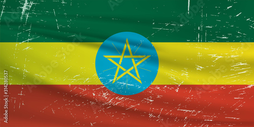 Grunge Ethiopia flag. Ethiopia flag with waving grunge texture. Vector background.