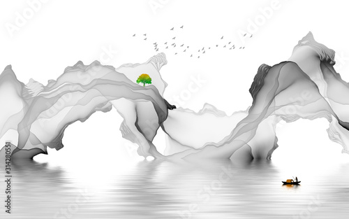 Fototapeta Naklejka Na Ścianę i Meble -  Ink landscape decoration illustration abstract line poster background