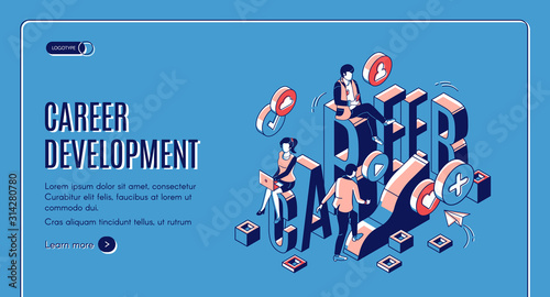 Career development isometric landing page. Marketing strategy, startup boost. Businesspeople work in internet using gadgets climb up by growing data chart. 3d vector line art illustration, web banner