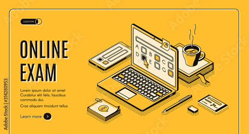 Online exam isometric web banner. Laptop with test questions on screen. Computer app for student examination with questionnaire form, distant education task. 3d vector landing page in line art style