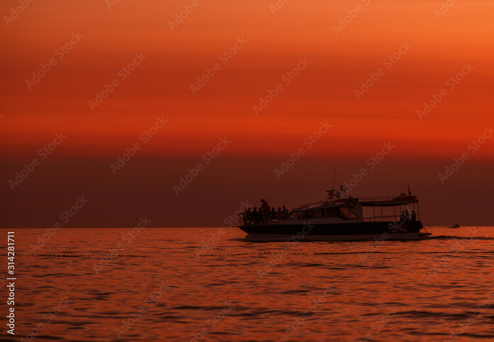 Boat. Sky. Orange. Sun. Sea. Istria