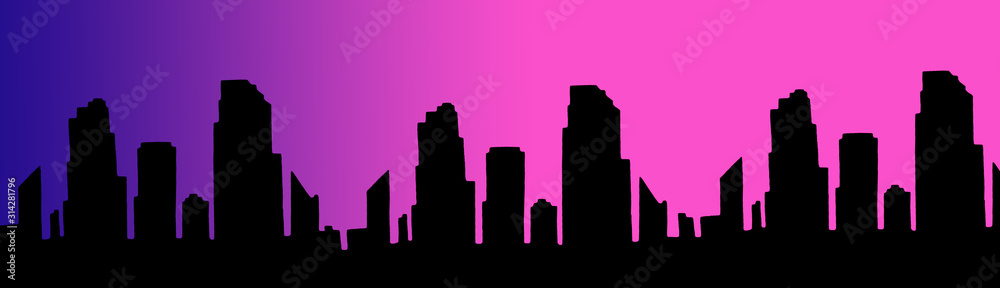 City shadow in evening purple lights. Handmade image of urban landscape.