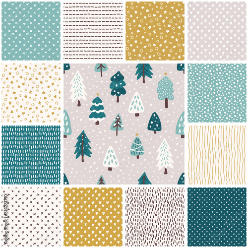 Cute Scandinavian Christmas Tree seamless patterns set, background with hand drawn Snowy Fir Trees Forest