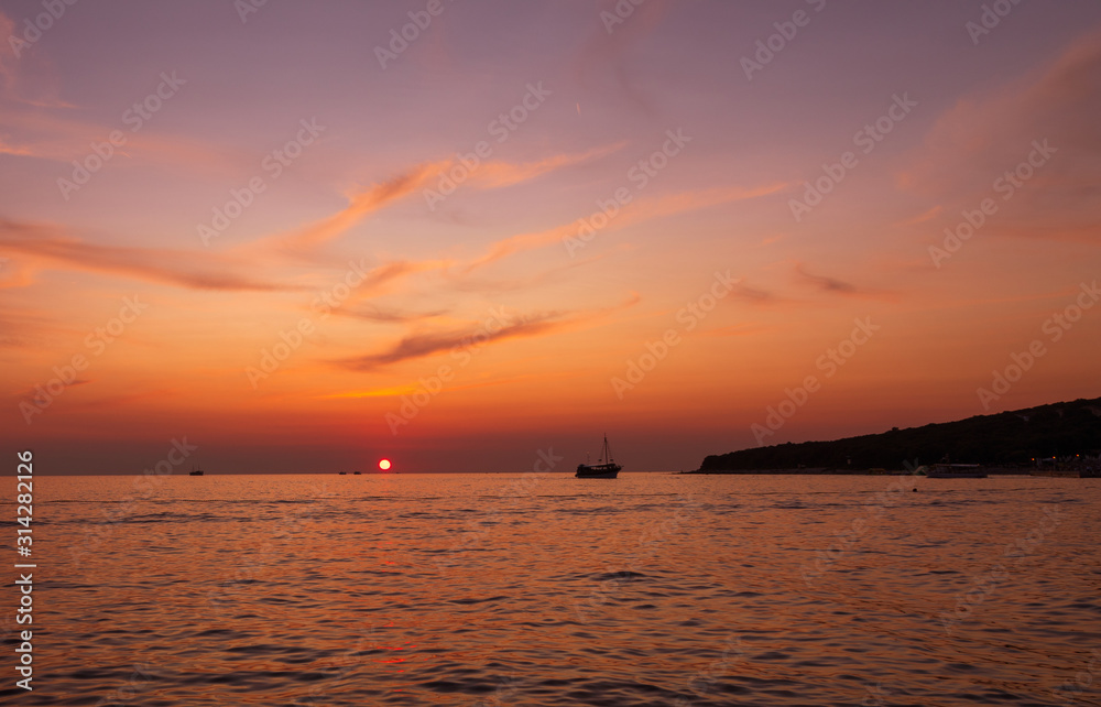 Boats. Sky. Sunset. Orange. Sea. Istria