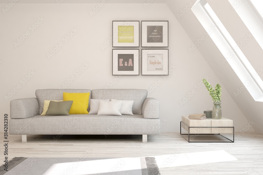 Fototapeta premium Stylish room in white color with sofa. Scandinavian interior design. 3D illustration