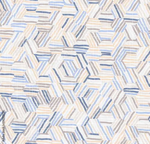 Pastel Abstract Geometric Seamless Pattern hexagon tiling geo graphic motif with linen fabric texture overlay. Spliced stripes in tiles. Repeat vector swatch.