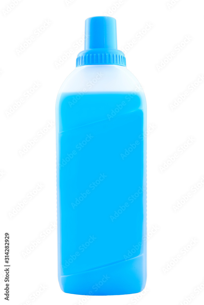 a translucent white plastic bottle filled with blue liquid for disinfection and sanitation, isolated on white mock up unlabel. a translucent white plastic bottle filled with blue liquid for disinfection and sanitation, isolated on white mock up unlabel.