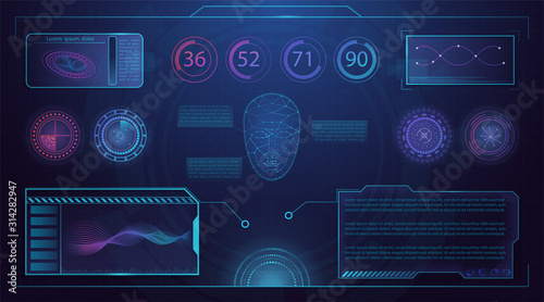 Head-up display template with futuristic user interface elements on dark blue background, with digits, graphs and windows with text floating on wide screen. Vector illustration
