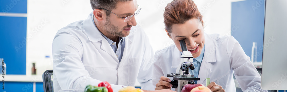 panoramic shot of smiling molecular nutritionist using microscope and her colleague looking at her panoramic shot of smiling molecular nutritionist using microscope and her colleague looking at her