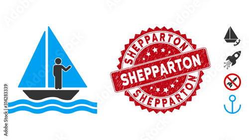 Vector aboard yacht icon and corroded round stamp seal with Shepparton phrase. Flat aboard yacht icon is isolated on a white background. Shepparton stamp seal uses red color and grunge texture.