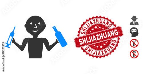 Vector addict man icon and corroded round stamp watermark with Shijiazhuang caption. Flat addict man icon is isolated on a white background. Shijiazhuang stamp uses red color and distress surface.
