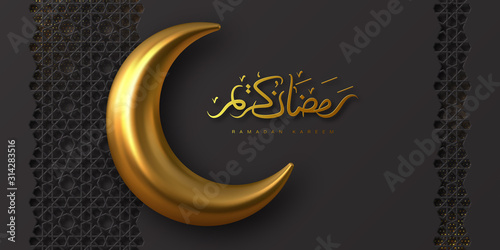 Ramadan Kareem holiday design with 3d metallic golden crescent moon and Arabic handwritten calligraphy. Translation Ramadan Kareem. Vector illustration.