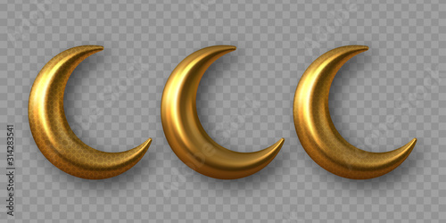3d golden reflective crescent moons with arabesque pattern. Decorative vector elements for Muslim holidays. Isolated on transparent background.