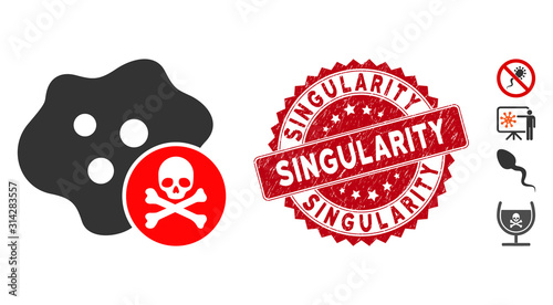 Vector bactericidal toxin icon and rubber round stamp seal with Singularity caption. Flat bactericidal toxin icon is isolated on a white background.