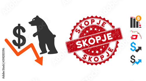 Vector bear dollar trend icon and grunge round stamp seal with Skopje text. Flat bear dollar trend icon is isolated on a white background. Skopje stamp seal uses red color and grunge design.