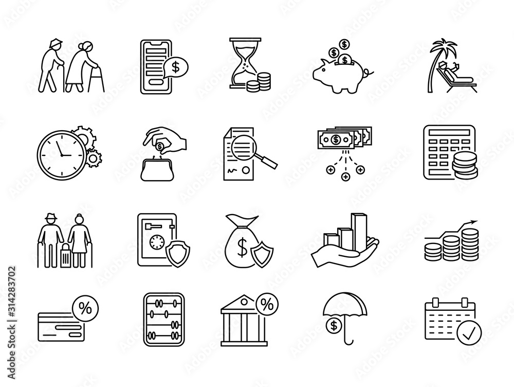 Large set of line drawing icons for pension and retirement planning with financial, banking, charts, graphs, money, old age, pension, planning and credit card over white, vector illustration - obrazy, fototapety, plakaty 