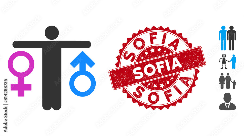 Vector bisexual man icon and corroded round stamp seal with Sofia phrase. Flat bisexual man icon is isolated on a white background. Sofia stamp seal uses red color and scratched design.