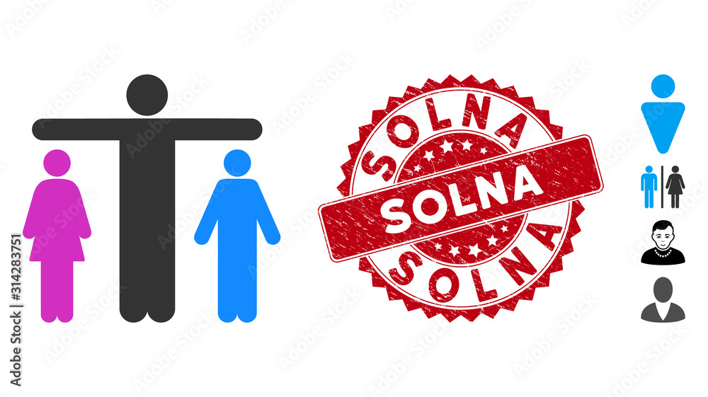 Vector bisexual person icon and corroded round stamp seal with Solna phrase. Flat bisexual person icon is isolated on a white background. Solna stamp seal uses red color and grunge surface. Vector bisexual person icon and corroded round stamp seal with Solna phrase. Flat bisexual person icon is isolated on a white background. Solna stamp seal uses red color and grunge surface.