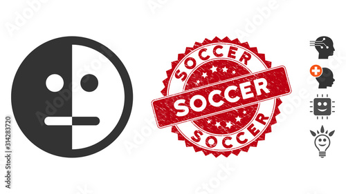 Vector bipolarity face icon and corroded round stamp seal with Soccer text. Flat bipolarity face icon is isolated on a white background. Soccer stamp seal uses red color and dirty surface.