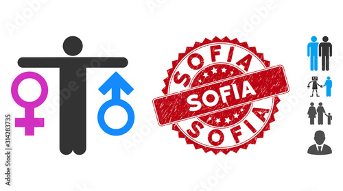 Vector bisexual man icon and corroded round stamp seal with Sofia phrase. Flat bisexual man icon is isolated on a white background. Sofia stamp seal uses red color and scratched design.