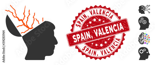 Vector brain electricity icon and grunge round stamp seal with Spain, Valencia phrase. Flat brain electricity icon is isolated on a white background. Spain,