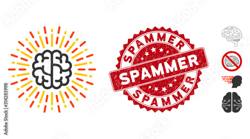 Vector brain radiance icon and rubber round stamp seal with Spammer phrase. Flat brain radiance icon is isolated on a white background. Spammer seal uses red color and rubber texture.