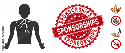 Vector chest cancer icon and grunge round stamp seal with Sponsorships phrase. Flat chest cancer icon is isolated on a white background. Sponsorships stamp seal uses red color and distress design.