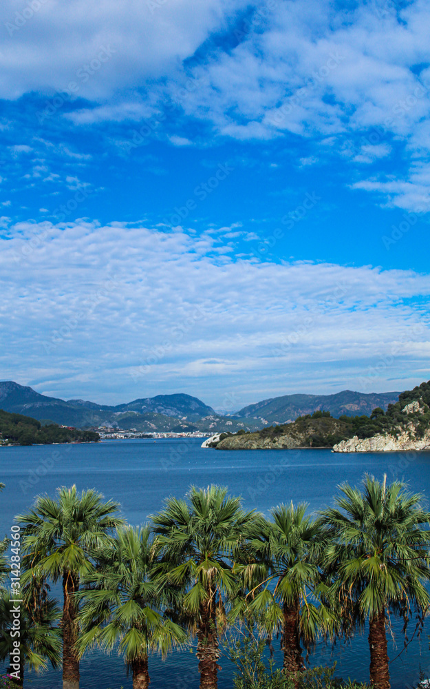 Perfect holiday concept: seascape with palms, blue sea and mountains, selective focus Perfect holiday concept: seascape with palms, blue sea and mountains, selective focus