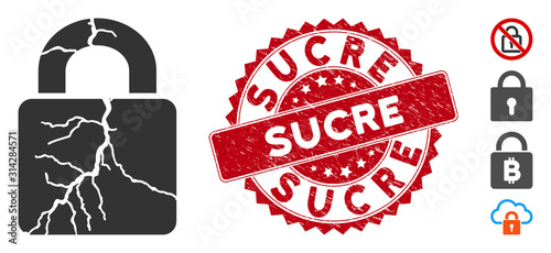 Vector corrupted lock icon and grunge round stamp seal with Sucre phrase. Flat corrupted lock icon is isolated on a white background. Sucre stamp seal uses red color and rubber design.