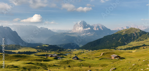 Beautiful alpine countryside on sunny day in the springtime. Incredible view of the Val Gardena in Dolomite mountains. Awesome nature Landscape. Seceda peak. Trentino Alto Adige  Bolzano  Italy 