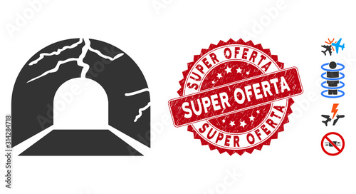 Vector corrupted tunnel icon and grunge round stamp seal with Super Oferta text. Flat corrupted tunnel icon is isolated on a white background.