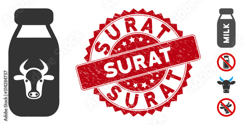 Vector cow milk icon and corroded round stamp seal with Surat phrase. Flat cow milk icon is isolated on a white background. Surat stamp seal uses red color and grunged surface. Bonus icons are added.