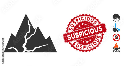 Vector damaged rocks icon and rubber round stamp watermark with Suspicious text. Flat damaged rocks icon is isolated on a white background. Suspicious seal uses red color and rubber surface.